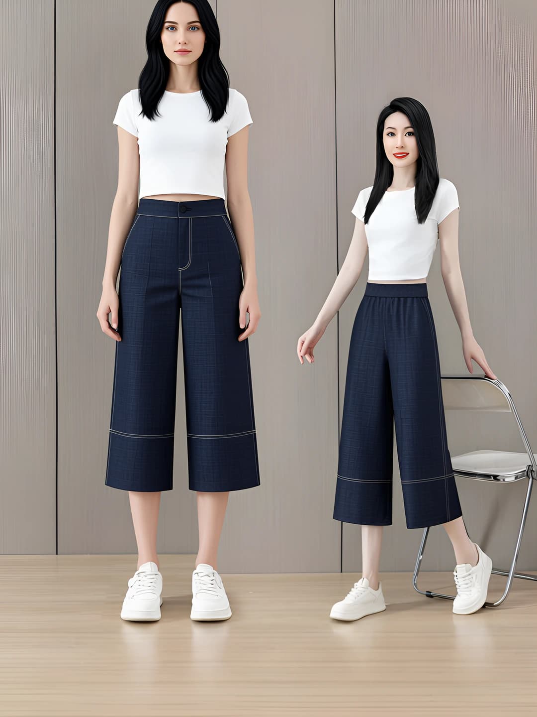 Ayollar uchun yozgi juda yupqa, elastik jinsi shim: baland bel, to'g'ri kesim, bo'sh (oversize) va nozik ko'rsatadigan