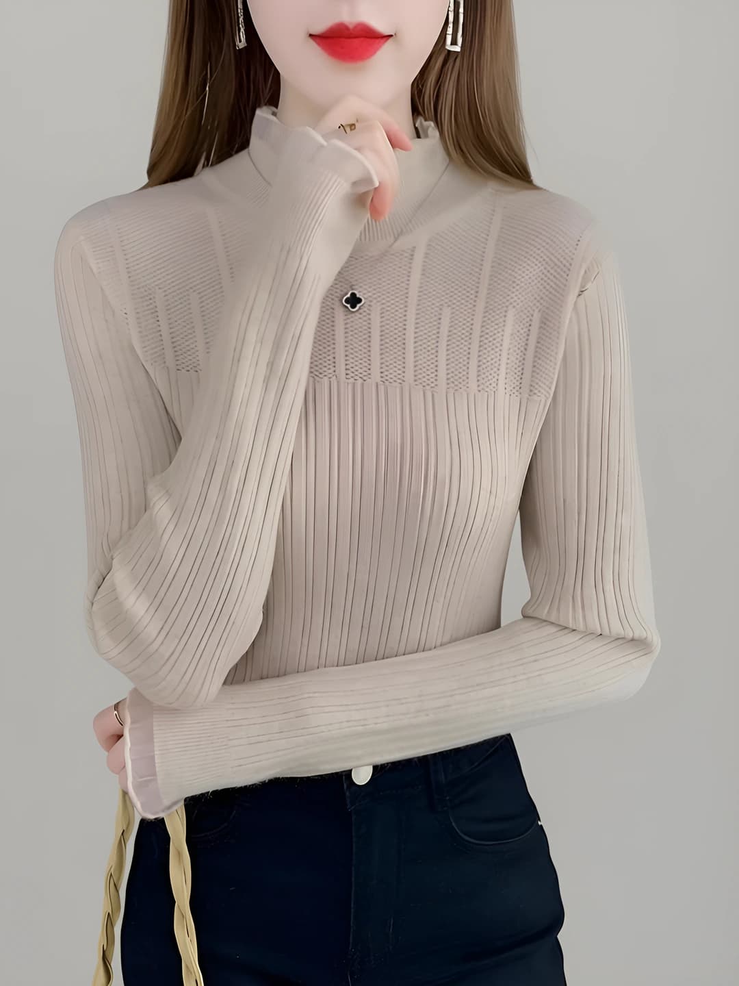 Women's autumn-winter lace mock neck slim fit long sleeve sweater