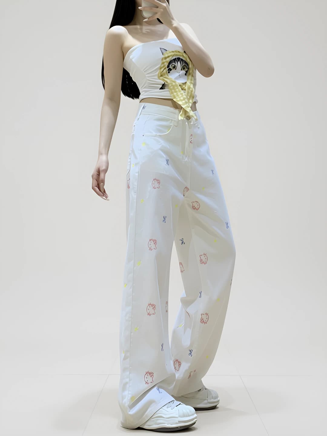 2026 spring women's white cartoon embroidered jeans, straight cut wide-leg trousers, high waist, for petite