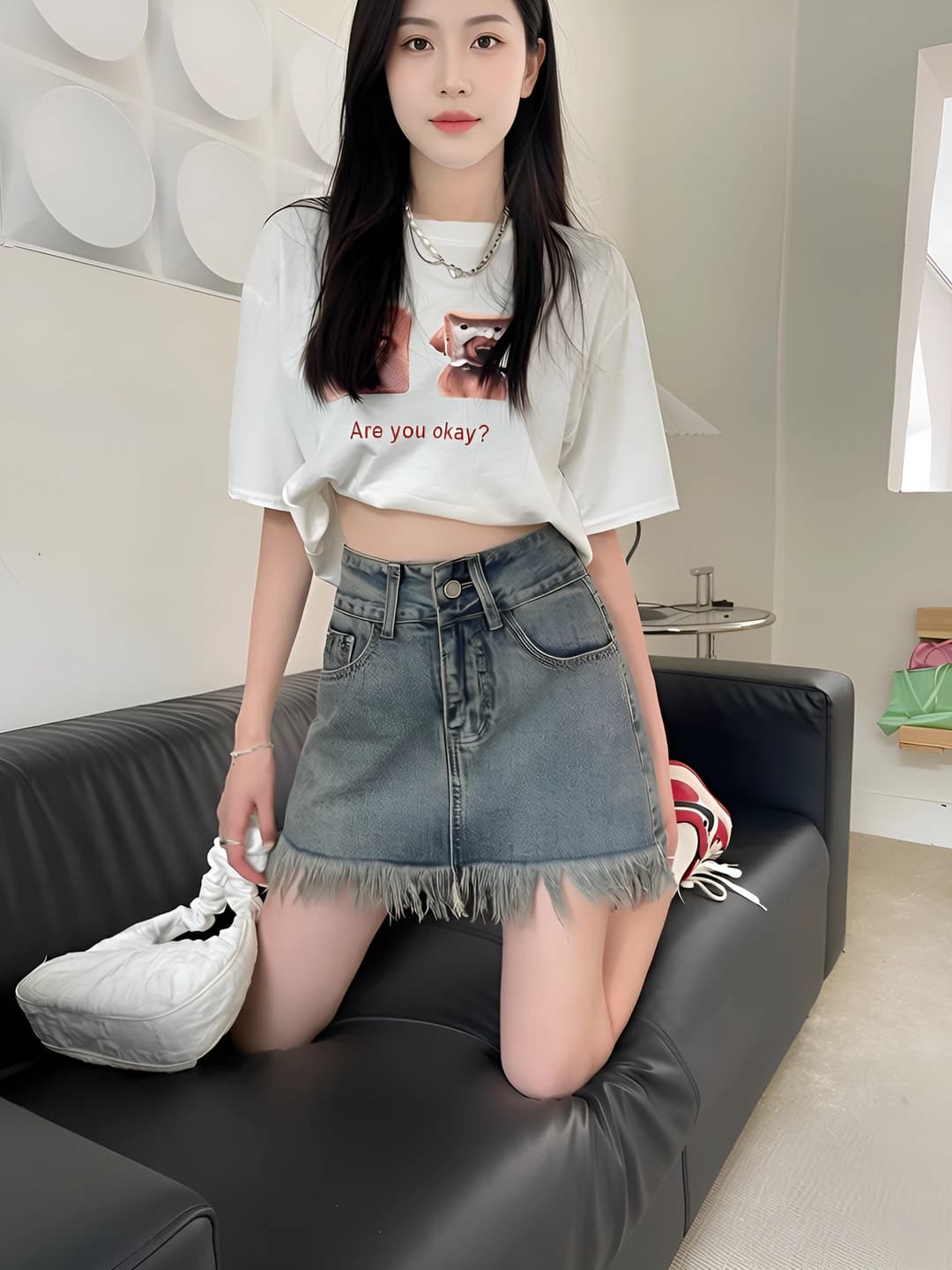 Ayollar uchun yozgi koreys uslubida retro baland bel A-shakl nozik ko'rsatadigan sof paxta denim kalta yubka