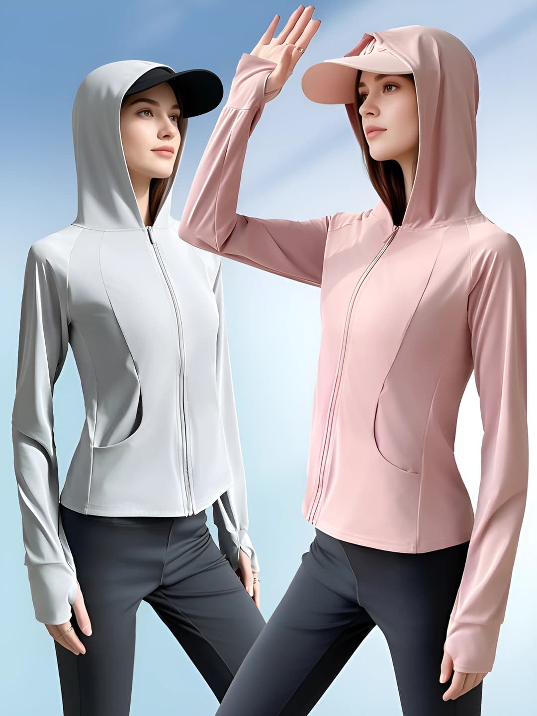 Women's sports jacket: ice-silk fabric, breathable, UPF50 sun-protective, solid colour, hooded, for summer, spring and autumn