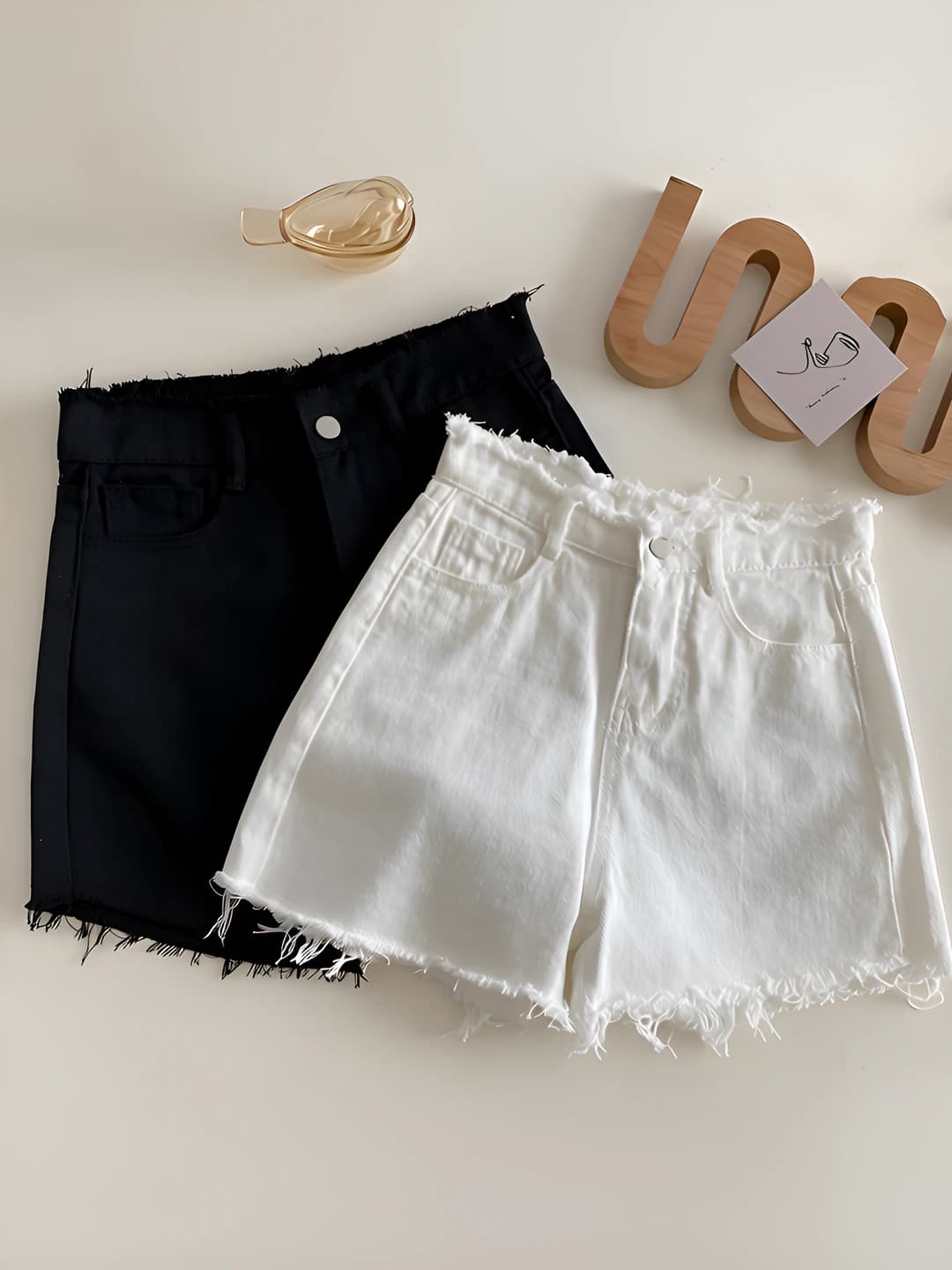 Women's denim shorts, high waist, wide-leg, summer, thin, all-cotton, loose fit, A-line, raw edge