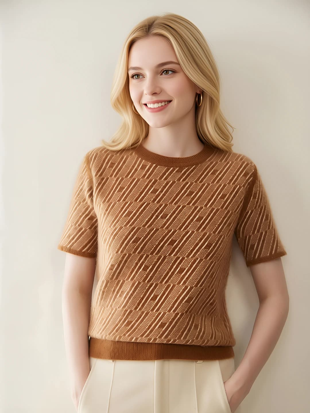 Women's cashmere striped crew neck loose fit short sleeve casual sweater pullover