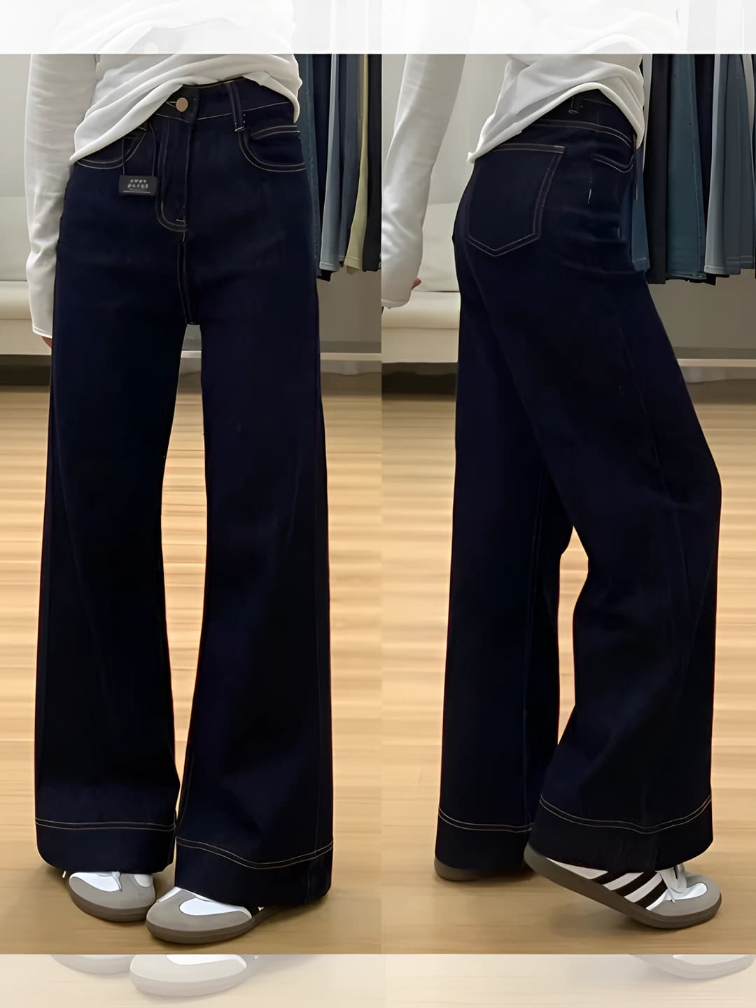 Women's wide and flared jeans, high waist, fleece-lined, thickened, autumn-winter, plus size, loose fit, slimming effect