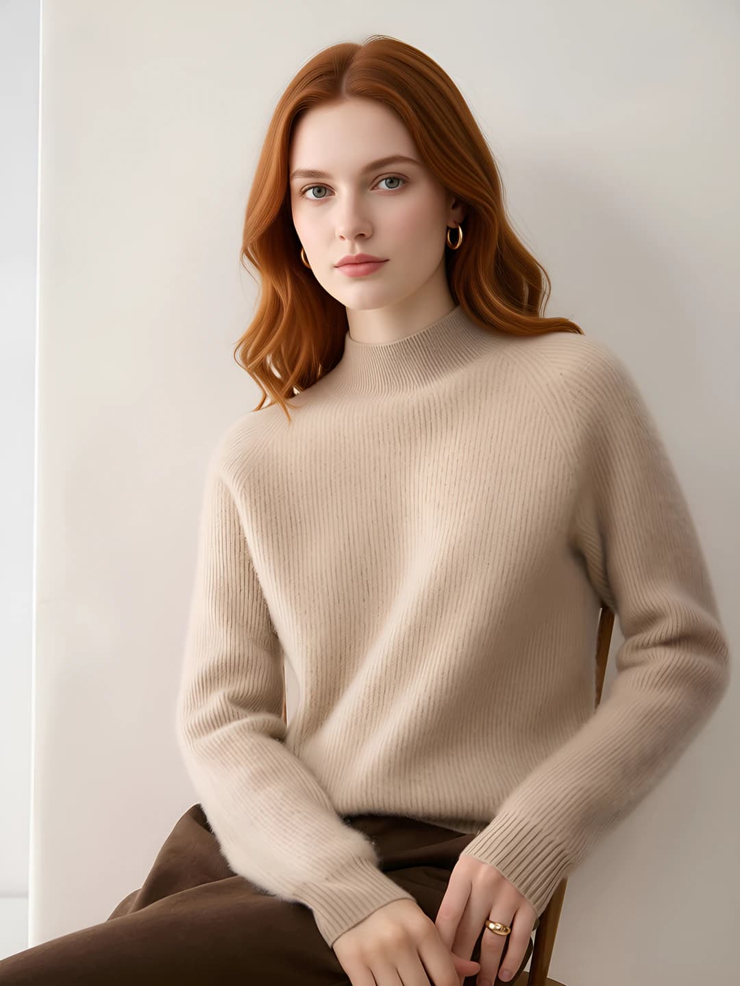 Women's cashmere sweater, autumn-winter, mock neck, long sleeve, thick, loose fit, slimming, solid colour