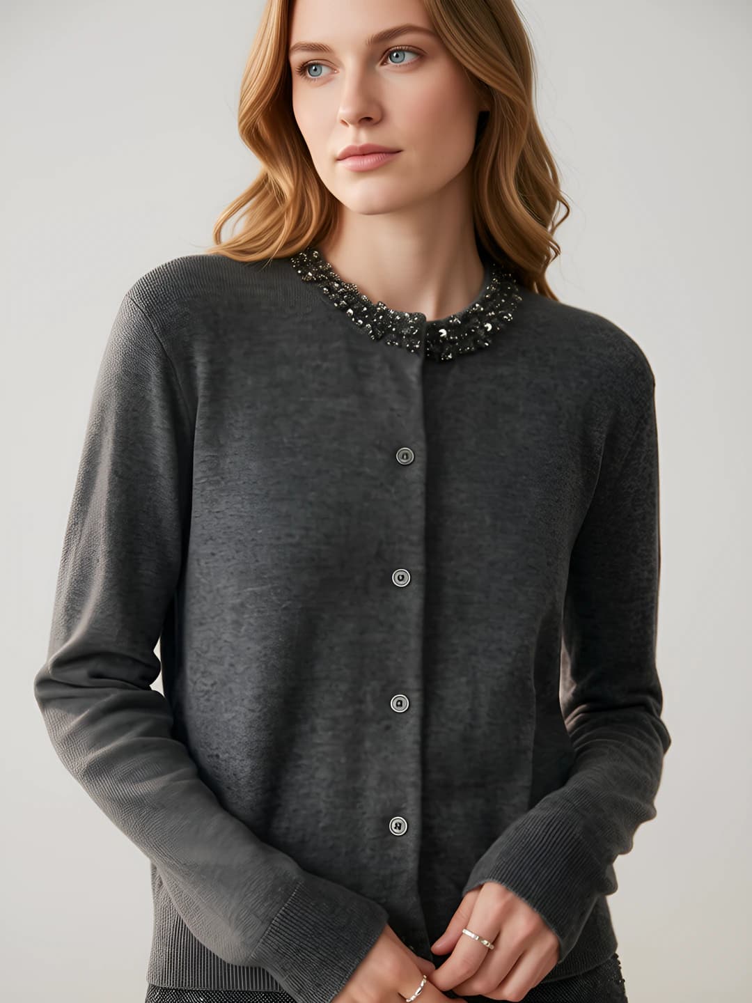 Women's cashmere knit cardigan, crew neck, loose fit, solid colour, long sleeve, slimming, autumn-winter 2026