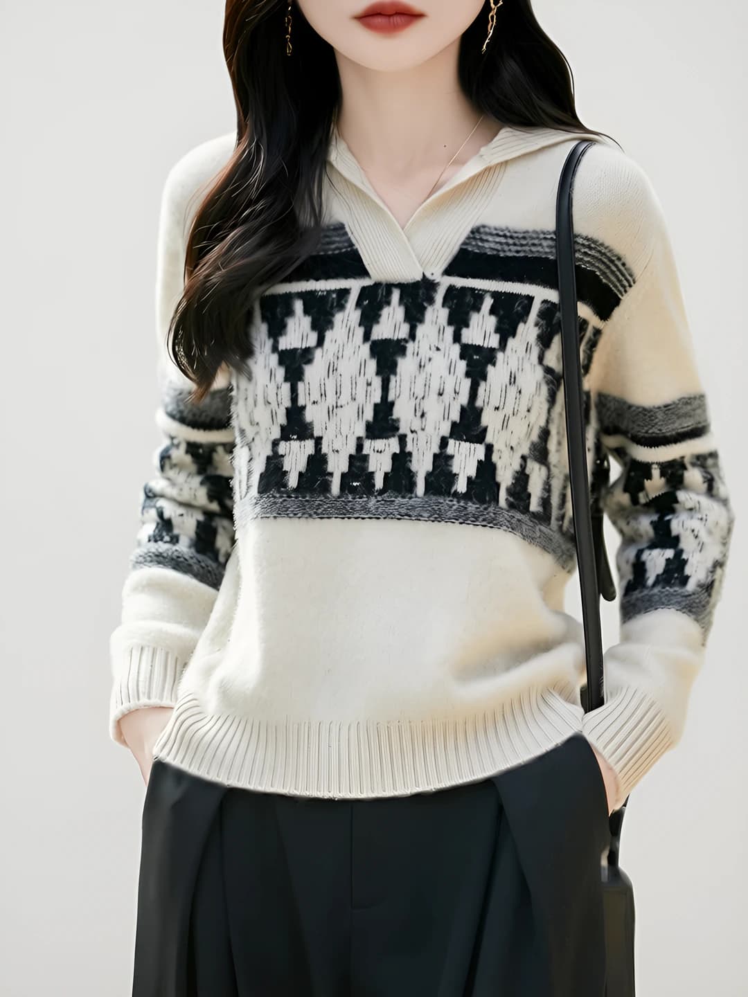 Women's wool sweater, long sleeve, lapel collar, loose fit, thickened, casual style, autumn-winter