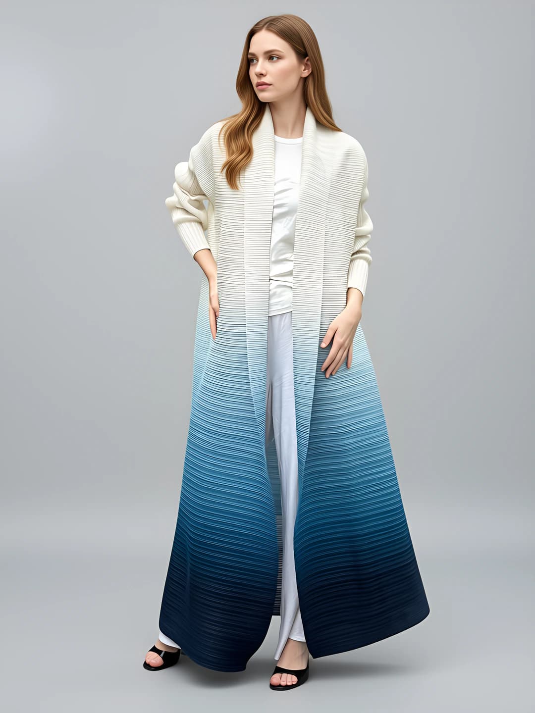 Ayollar uchun uzun pleated gradient kardigan, bosma naqshli, bo'sh (oversize) kesim, uzun yeng, katta o'lcham