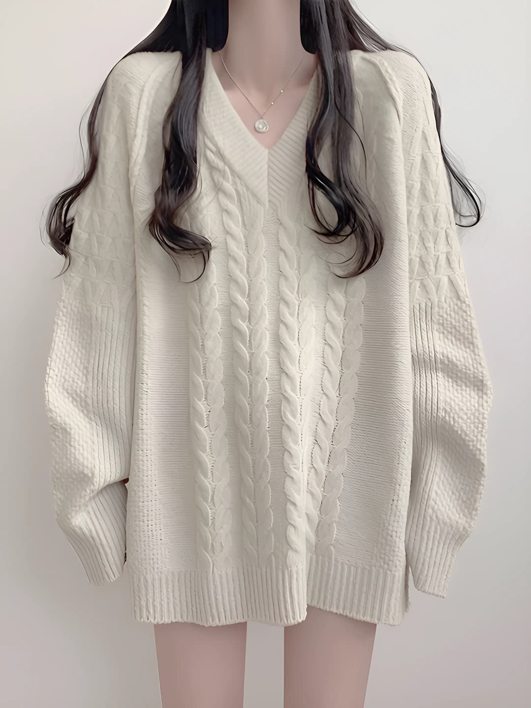 Women's V-neck cable-knit pullover sweater, autumn-winter, loose fit, preppy style, solid colour, long sleeve, mid-length