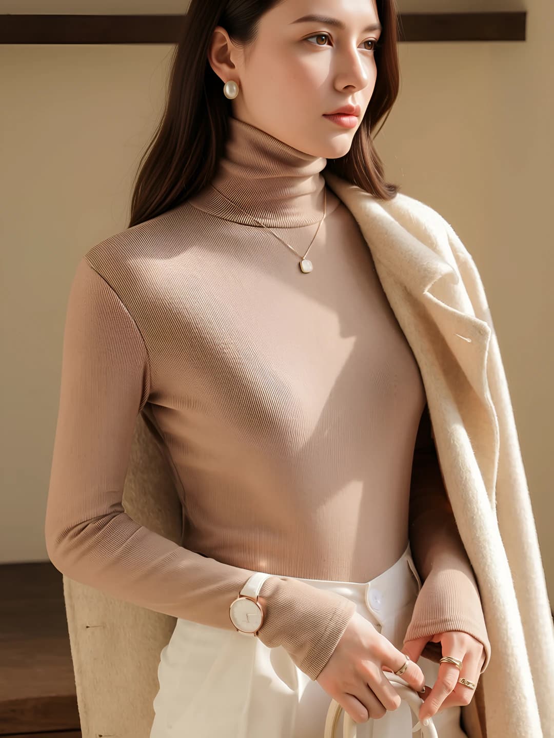 Women's warm high neck long sleeve slim fit ribbed base layer top for autumn-winter