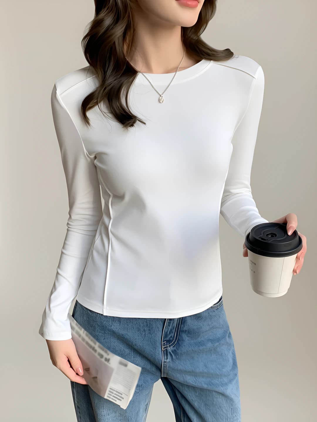 Women's crew neck long sleeve slim fit long-sleeve base top, slimming, for spring-autumn and winter