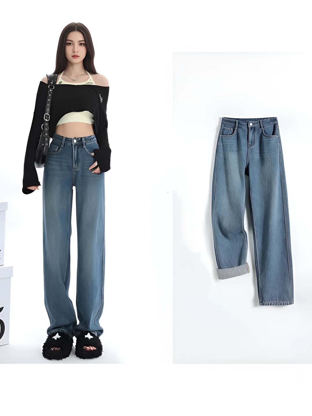 Ayollar uchun keng va klesh jinsi shimlar, baland bel, uzun shim, sof paxta, bahor-kuz, retro, bo'sh (oversize)