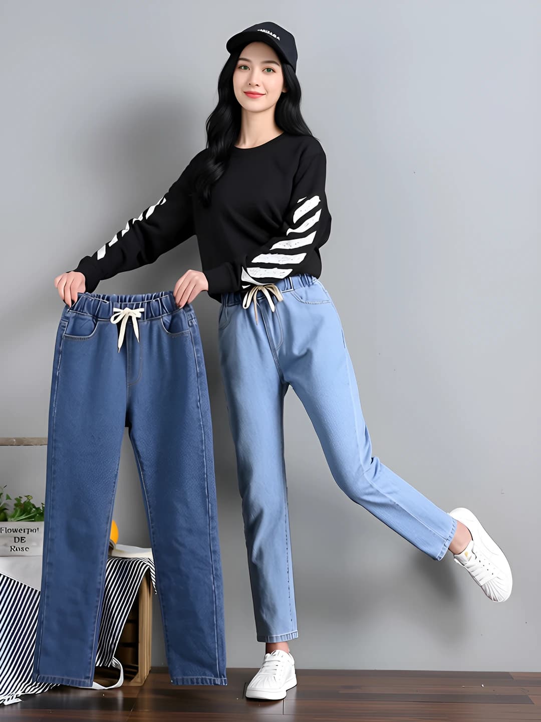 2026 women's Korean style straight cut jeans, high waist, elastic waist, ankle-length trousers, loose fit, casual