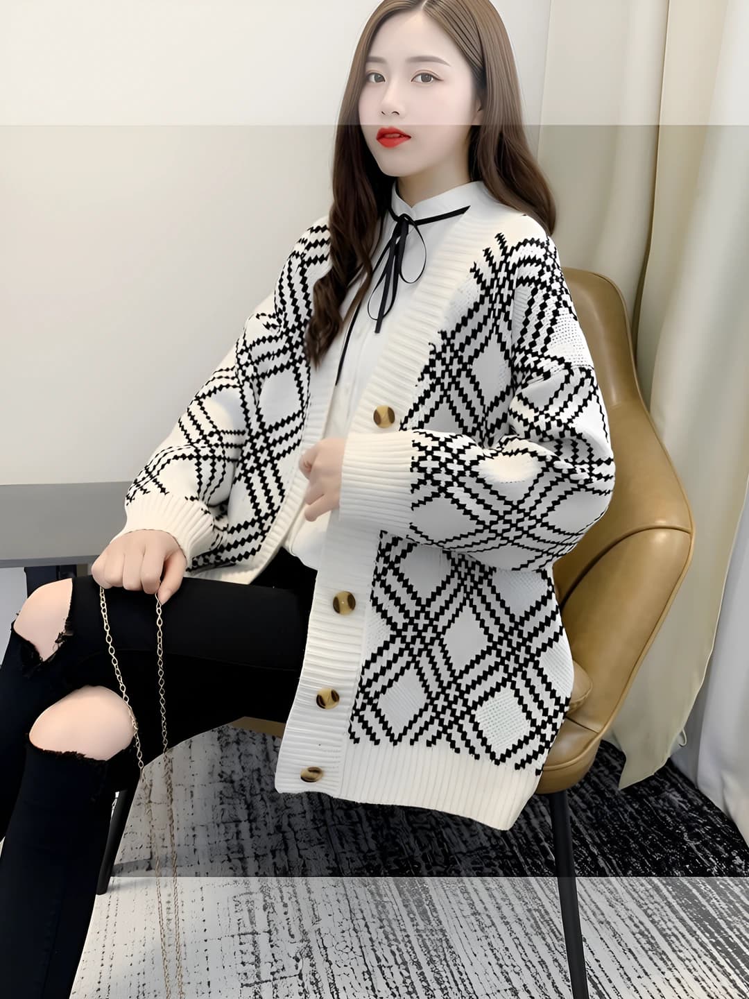 Women's checked striped knit cardigan, Korean style, loose fit, V-neck, long sleeve, spring-autumn
