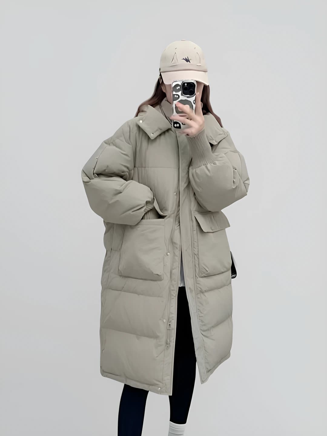Khaki green, grey-white lining