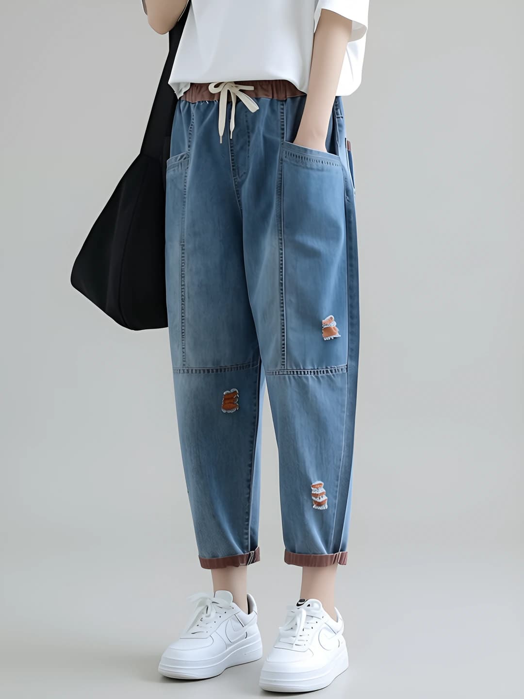 Women's distressed wide and flared jeans, summer 2026, loose fit, thin, slimming, elastic waist, casual, plus size, ankle-length trousers