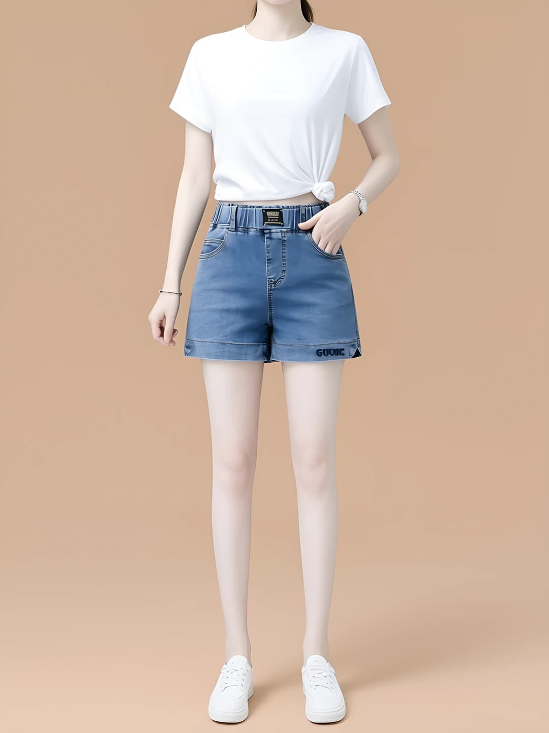 Women's high waist denim shorts, summer, slimming, wide-leg style, 70-80% cotton