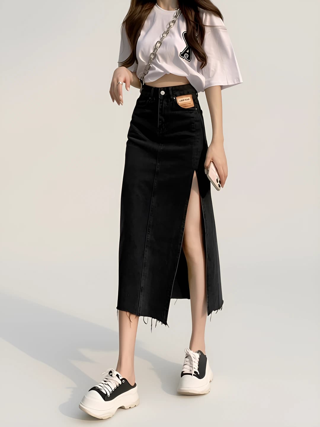 Women's high waist loose fit A-line denim midi skirt, summer, slimming, solid colour, stretch