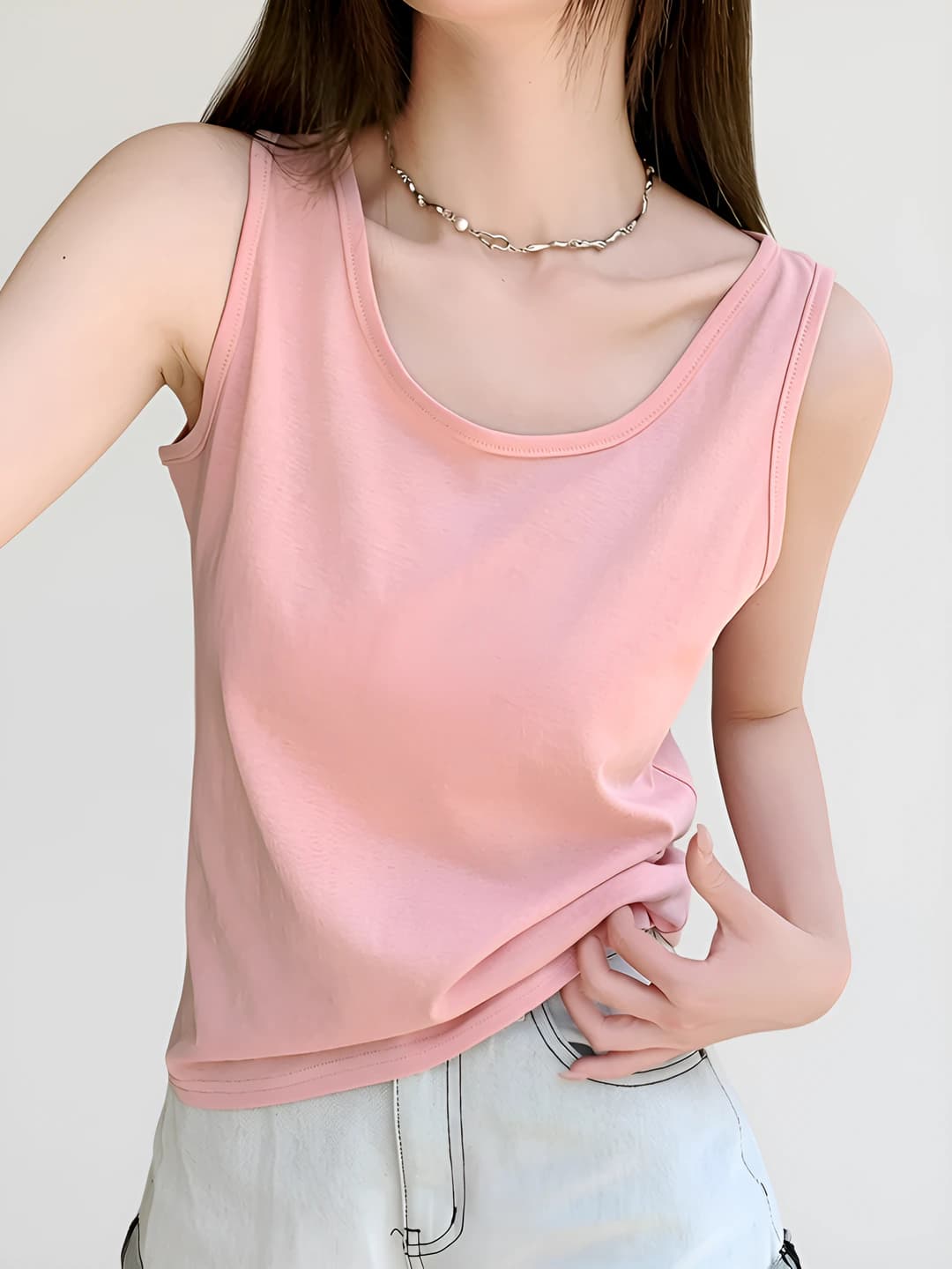 Women's cotton tank top, crew neck, sleeveless, loose fit, solid colour, summer