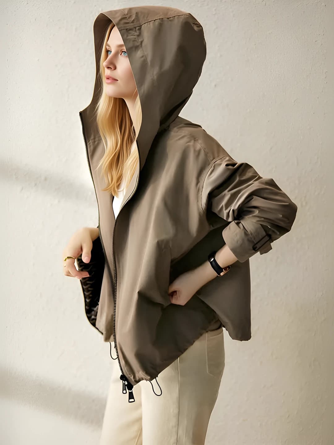 Women's autumn Korean style trench coat, zip closure, loose fit, long sleeve, cropped
