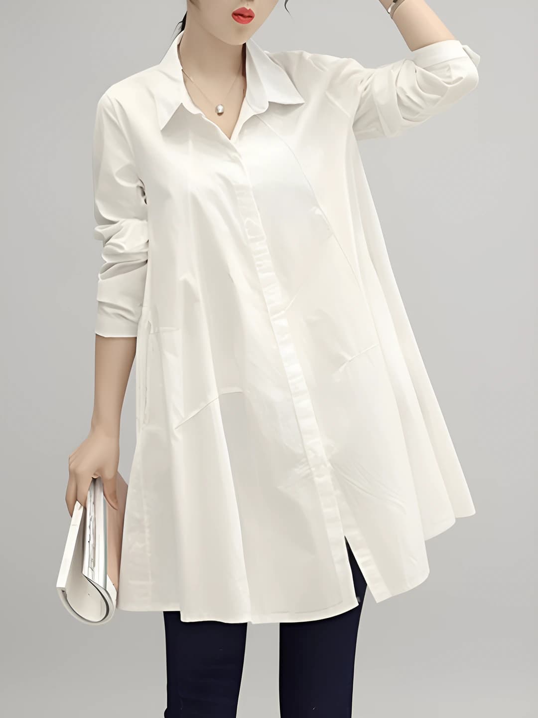 Women's mid-length shirt 2026 spring-autumn, Korean style, plus size, loose fit, long sleeve, solid colour, lapel collar
