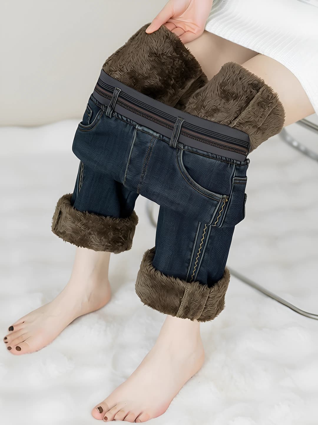 Women's fleece-lined jeans, 2026 spring-autumn-winter, elastic waist, slimming, slim fit, casual, straight cut, wide and flared jeans