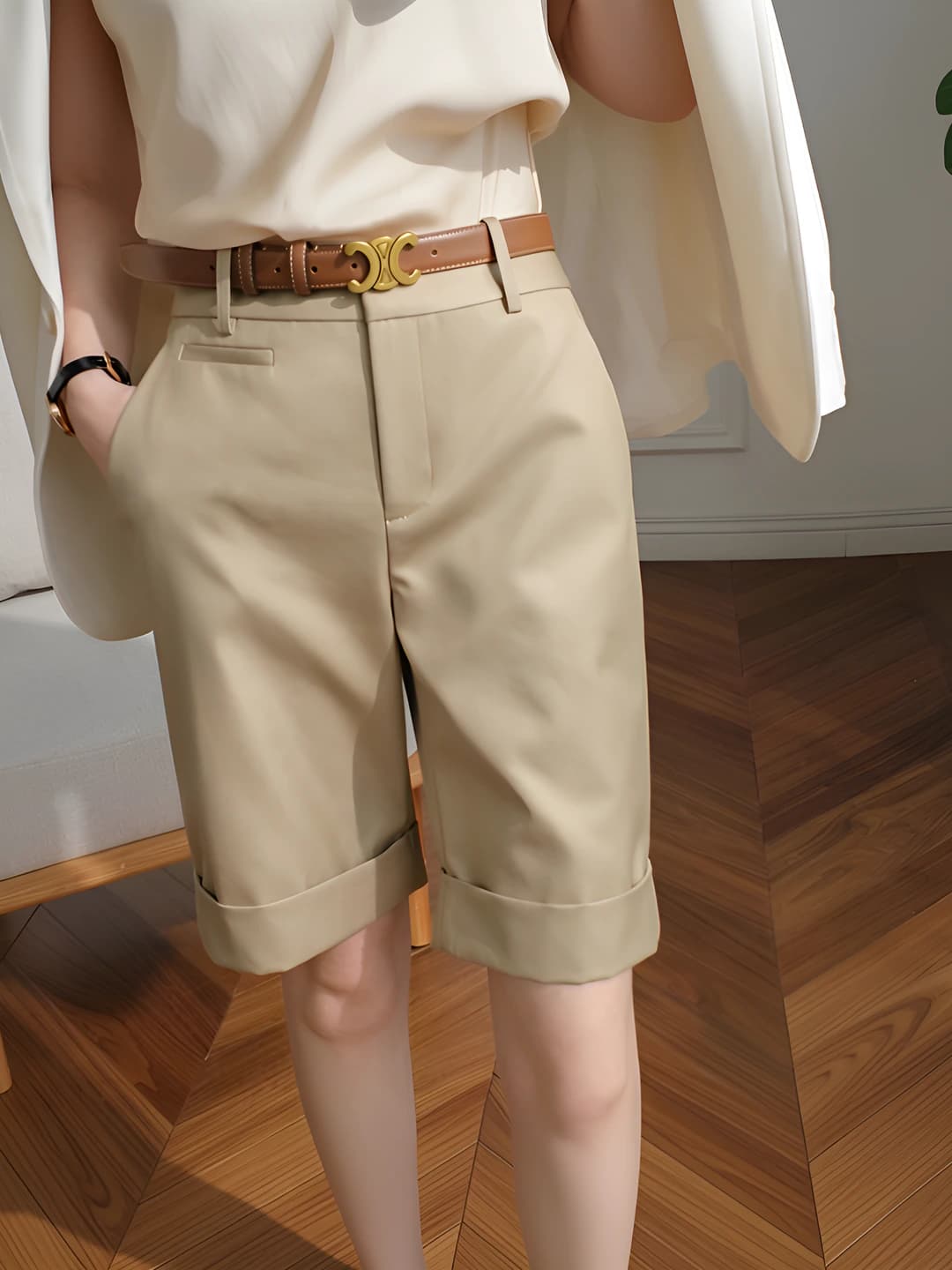 Women's casual shorts 2026, high waist, loose fit, straight cut, slimming, knee-length shorts, thin, polyester