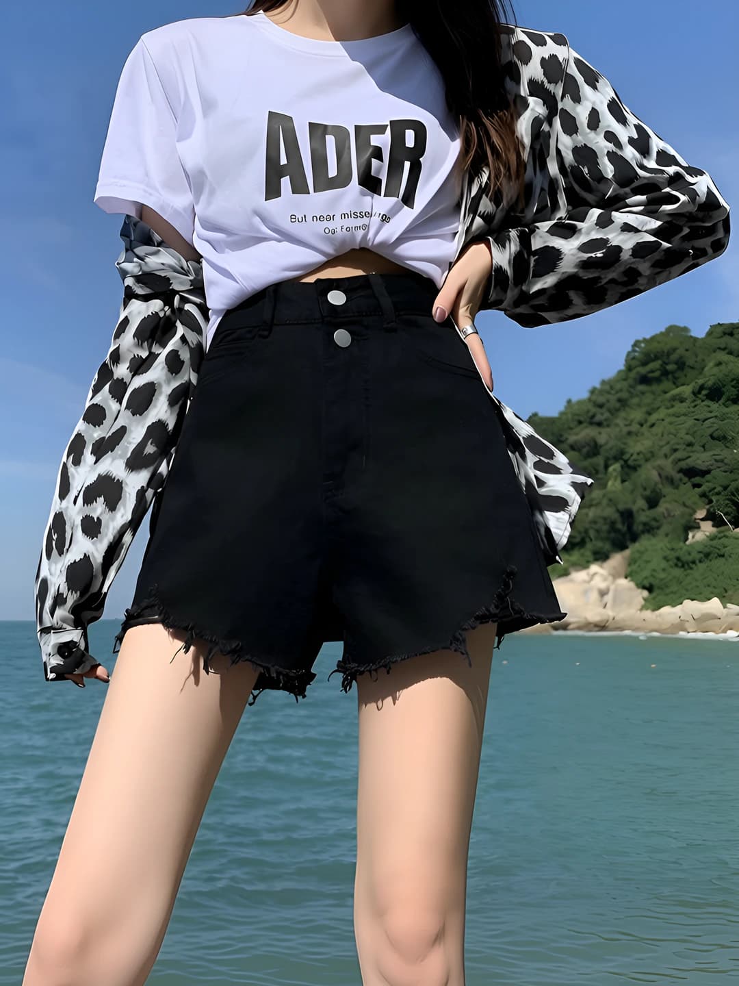 Women's denim shorts, black, high waist, wide-leg, distressed, double button, all-cotton, summer