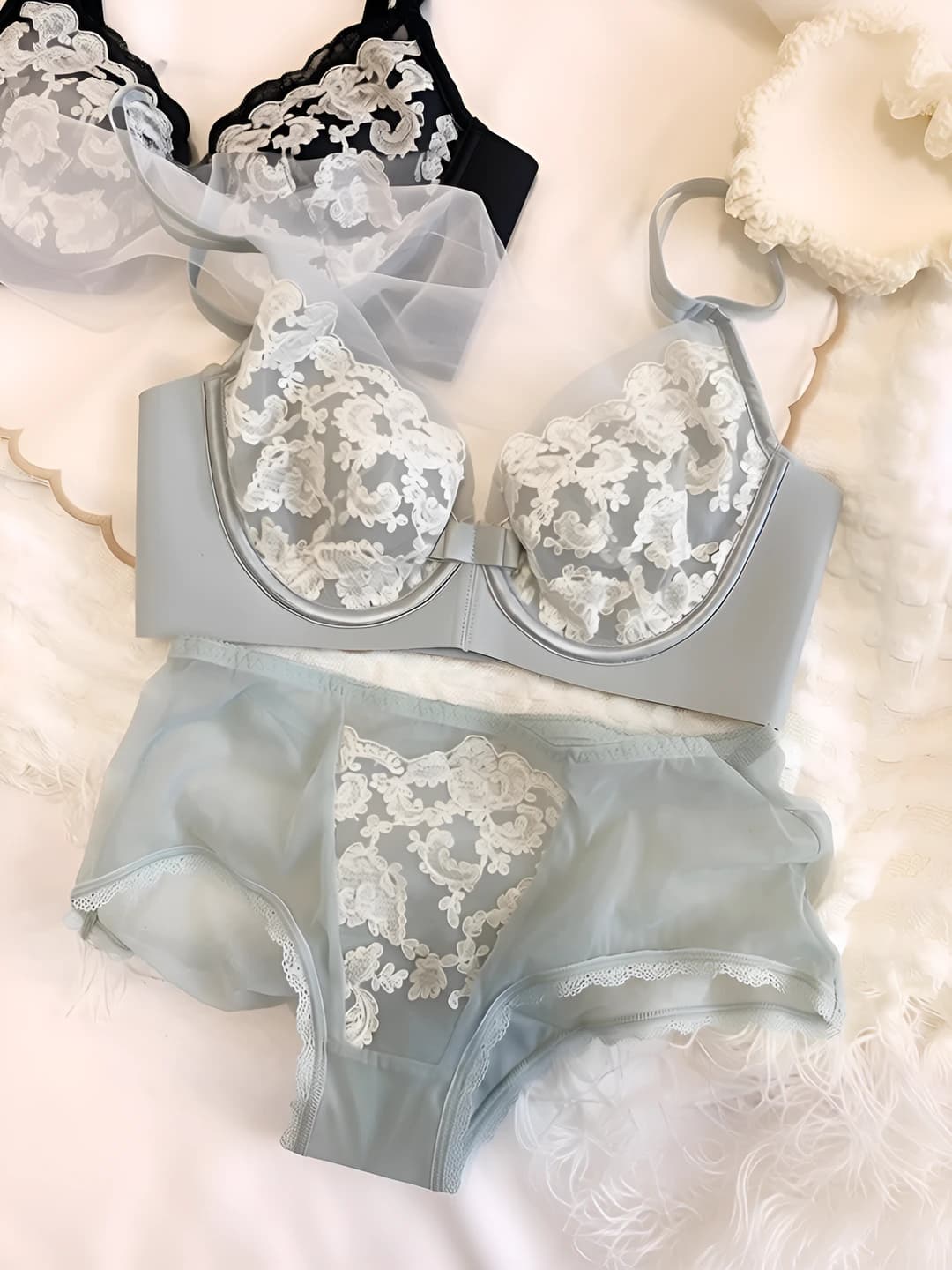 Women's retro embroidered lace underwear set: bra and briefs, thin cup, soft underwire, supportive, makes large bust look smaller