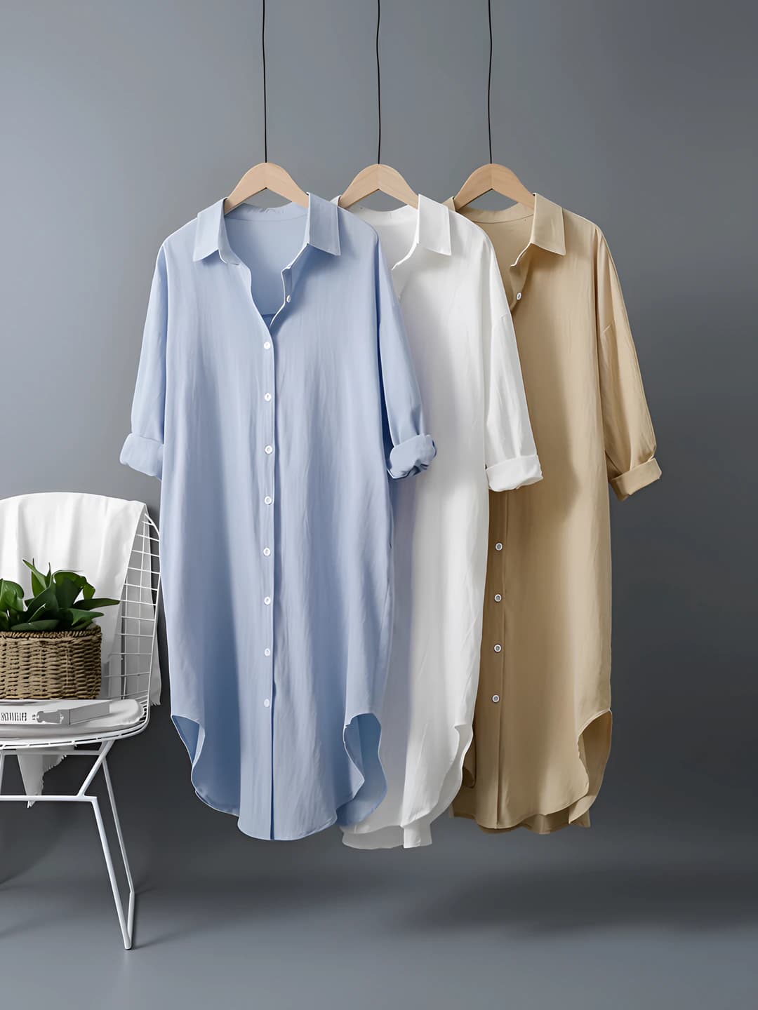 Women's spring-autumn shirt dress, cotton-linen, solid colour, loose fit, long sleeve, lapel collar, mid-length, Korean style, sun-protective