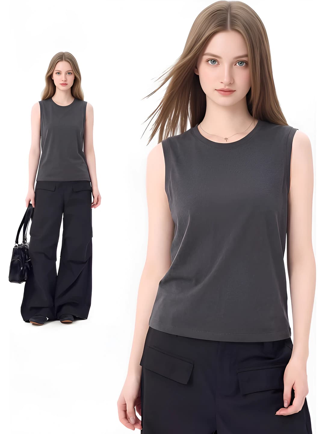 Women's summer pure cotton tank top, crew neck, sleeveless, breathable, loose fit, slimming, inner and outer wear