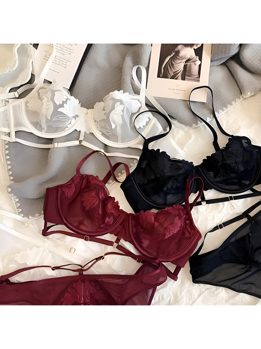 Women's embroidered, ultra-thin, 3/4 set, bra and underwear, minimizes large bust, gathers side breast, soft steel wire, mesh and straps, French style
