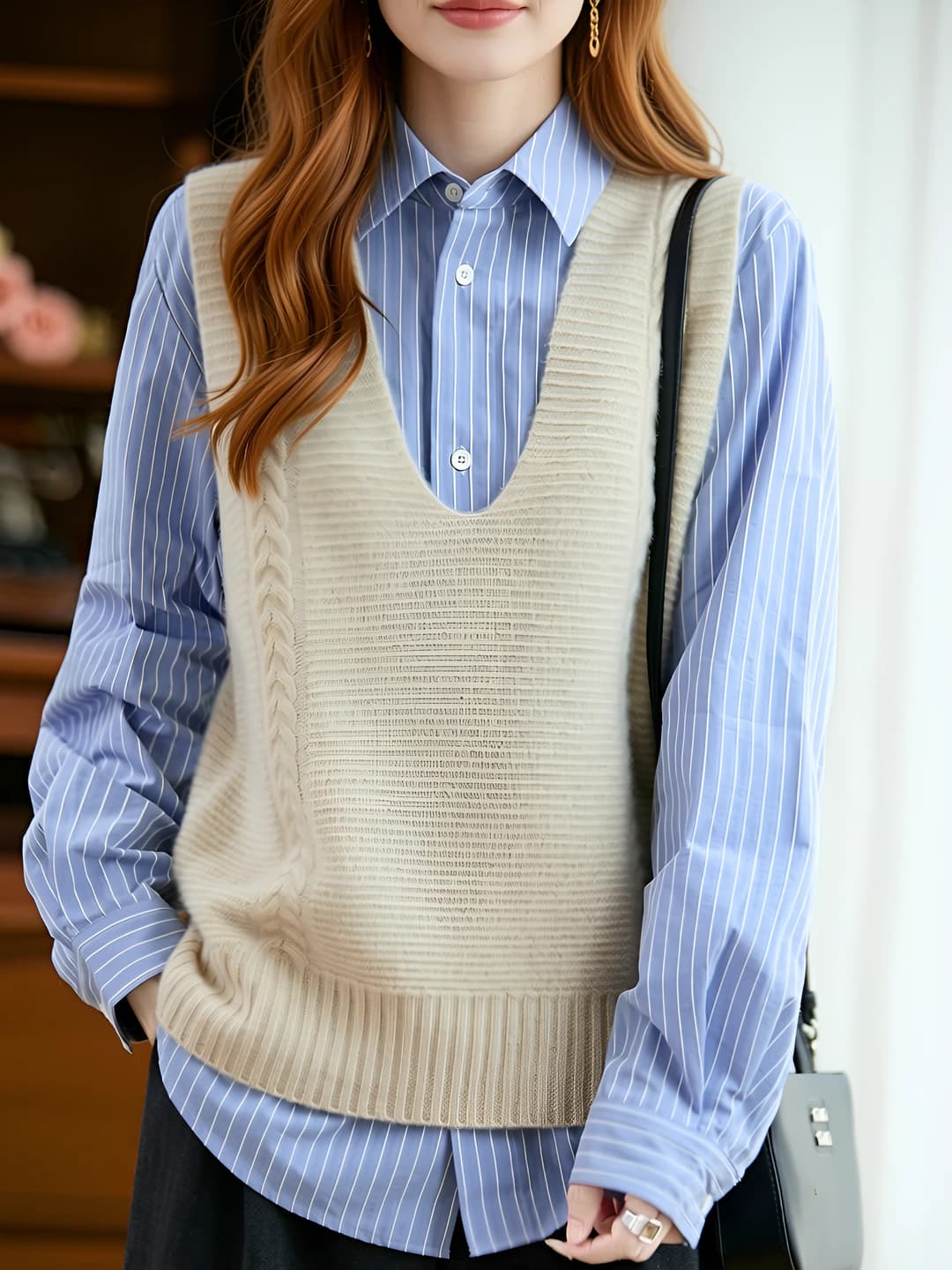 Women's 100% wool V-neck loose fit slimming warm vest, 2026