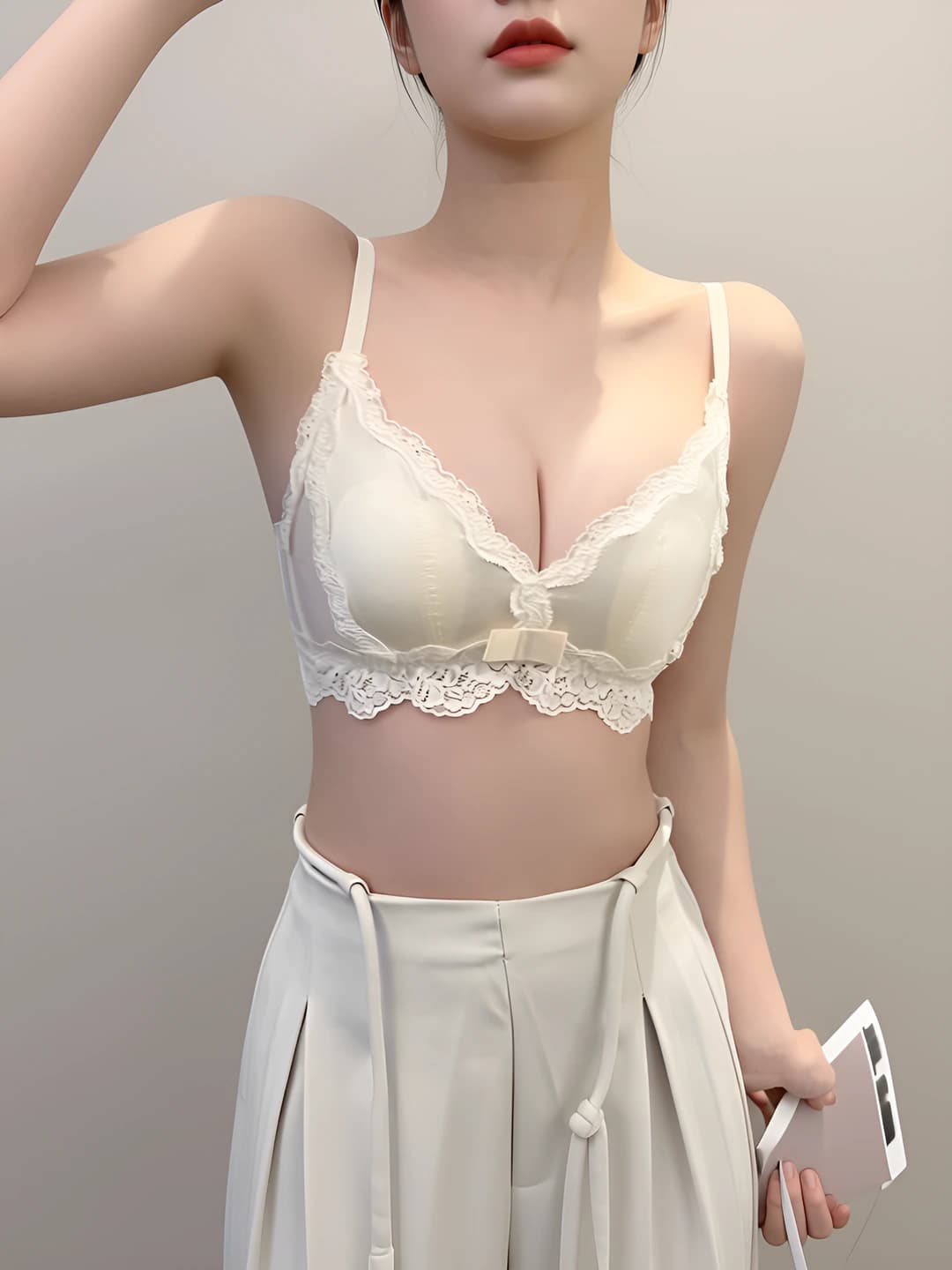 Women's summer ultra-thin French style lace bra, visually minimizes large bust, gathers, prevents sagging, wire-free
