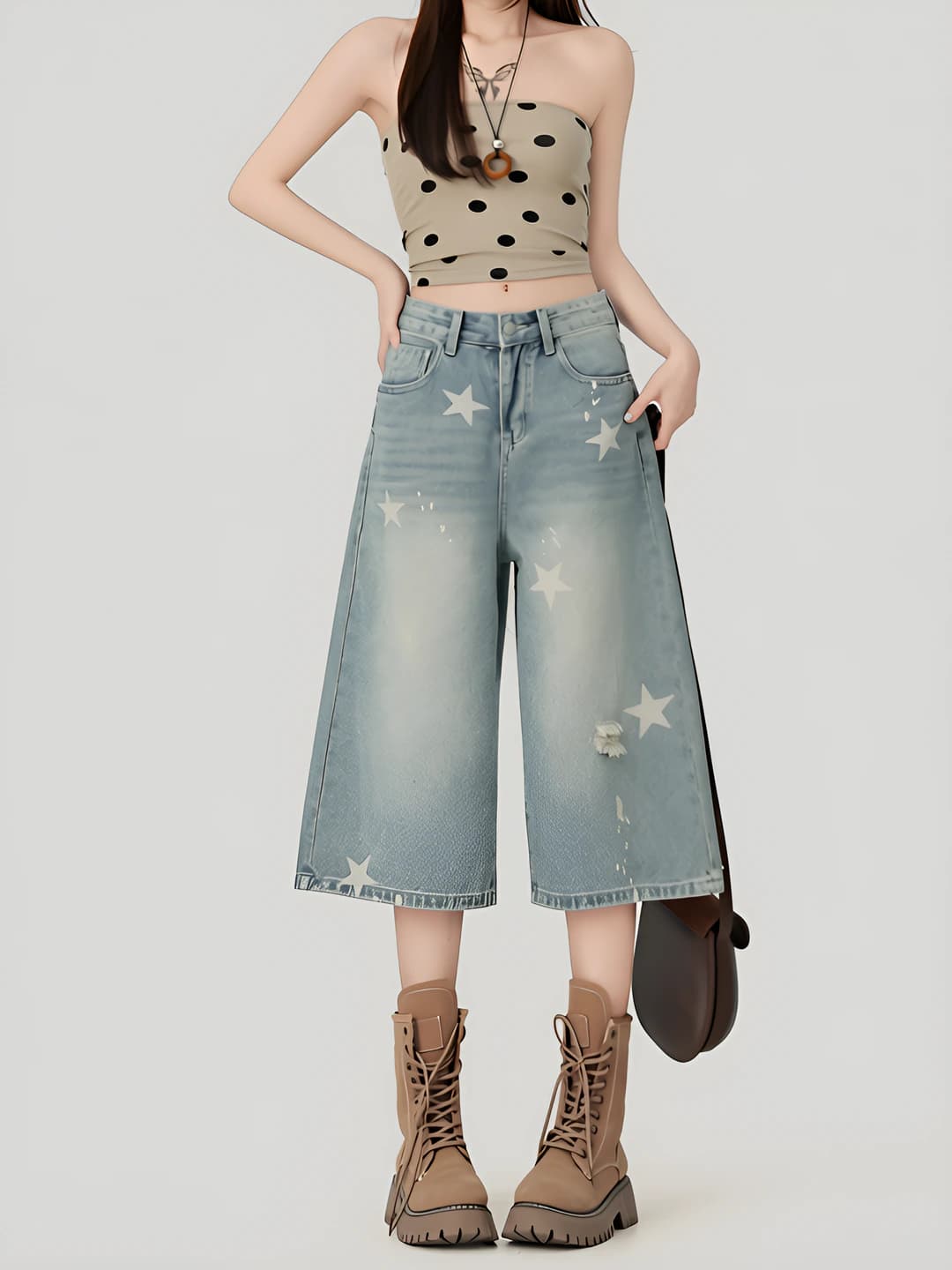 Women's retro star-printed wide and flared jeans, 2026 summer, high waist, loose fit and straight cut, capri trousers
