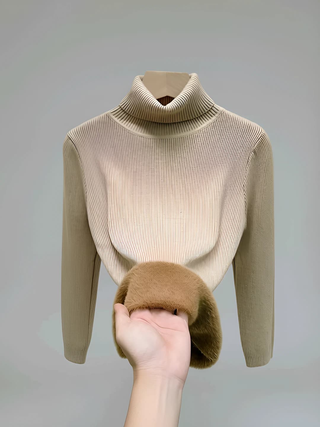 Women's autumn-winter fleece-lined thickened mock neck slim fit long sleeve solid colour knit sweater