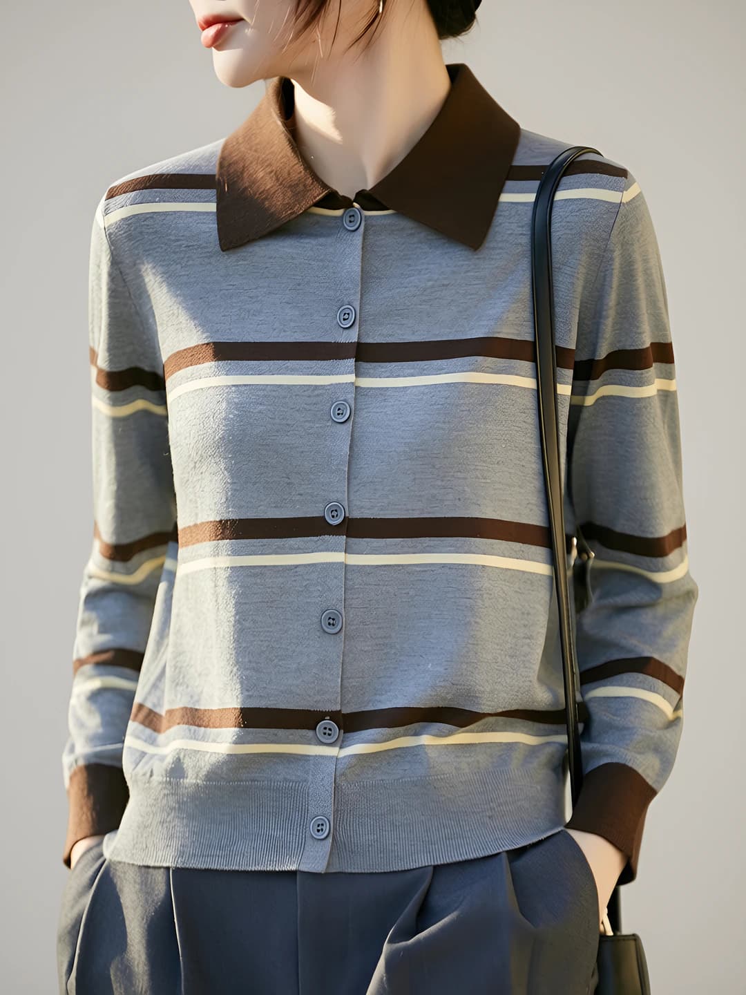 Women's 2026 spring-autumn wool and cashmere knit cardigan, long sleeve, striped, POLO collar, loose fit