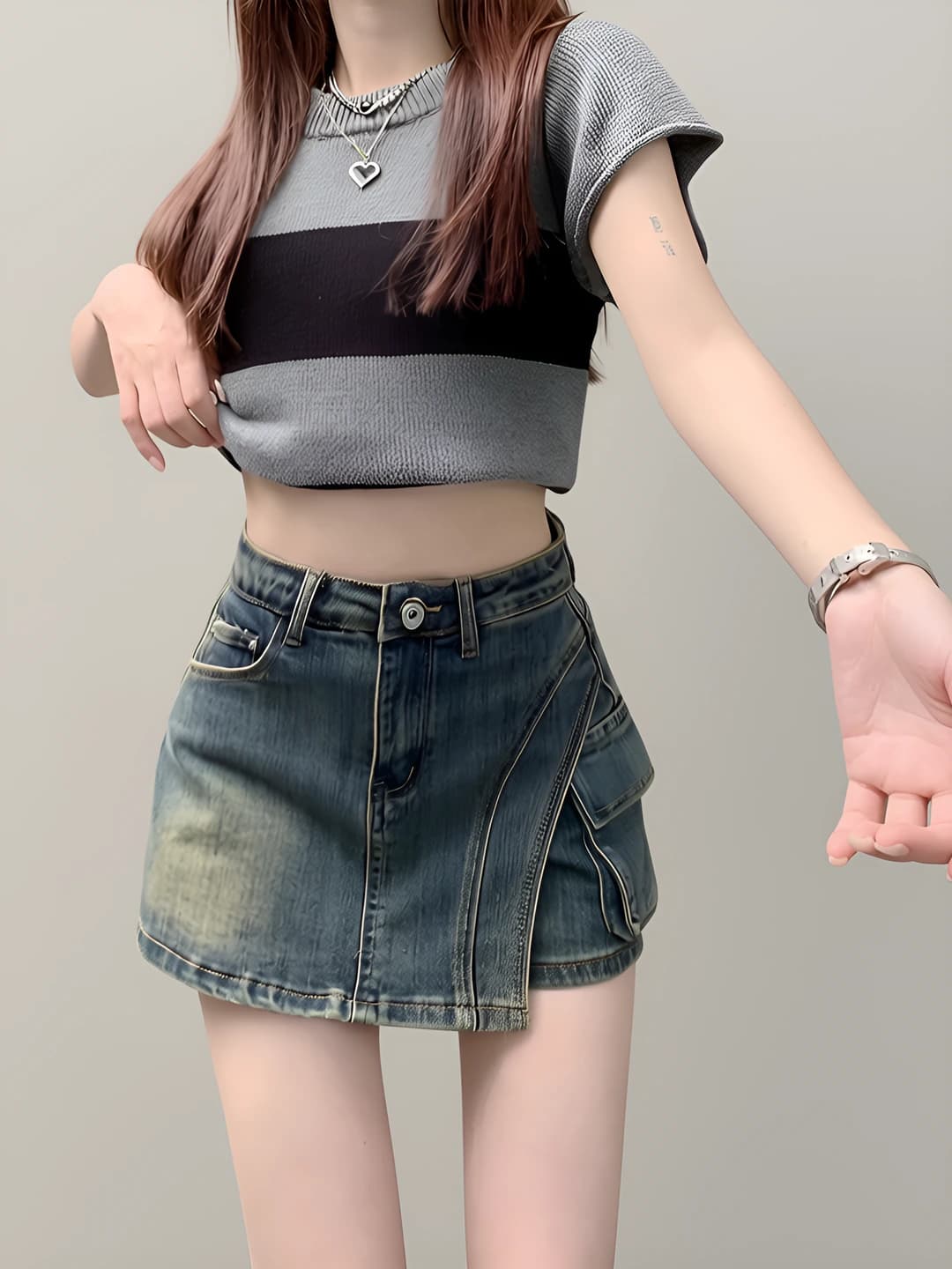 Women's stretch plus size denim mini skirt, 2026 summer, for petite, high waist, slimming, straight cut