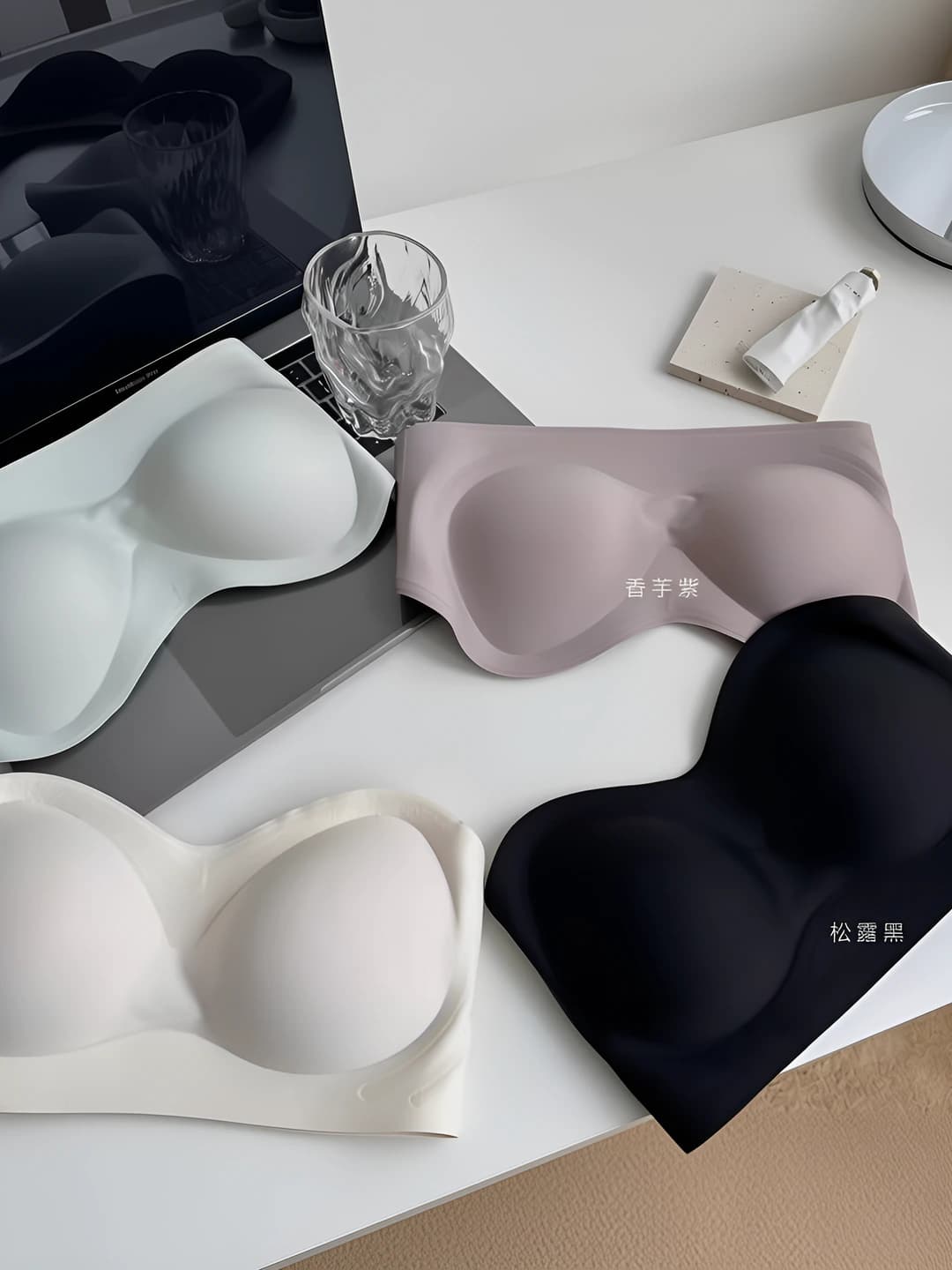 Women's seamless, invisible, strapless, wire-free, 3/4 cup, thin top thick bottom, three back hooks, sexy style bra