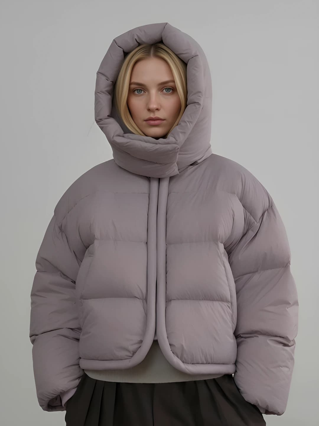 Ayollar uchun koreys uslubida tik yoqali, qalqonli, issiq saqlaydigan, qalinlashtirilgan, bo'sh (oversize) kalta puxli kurtka, 2026 qish