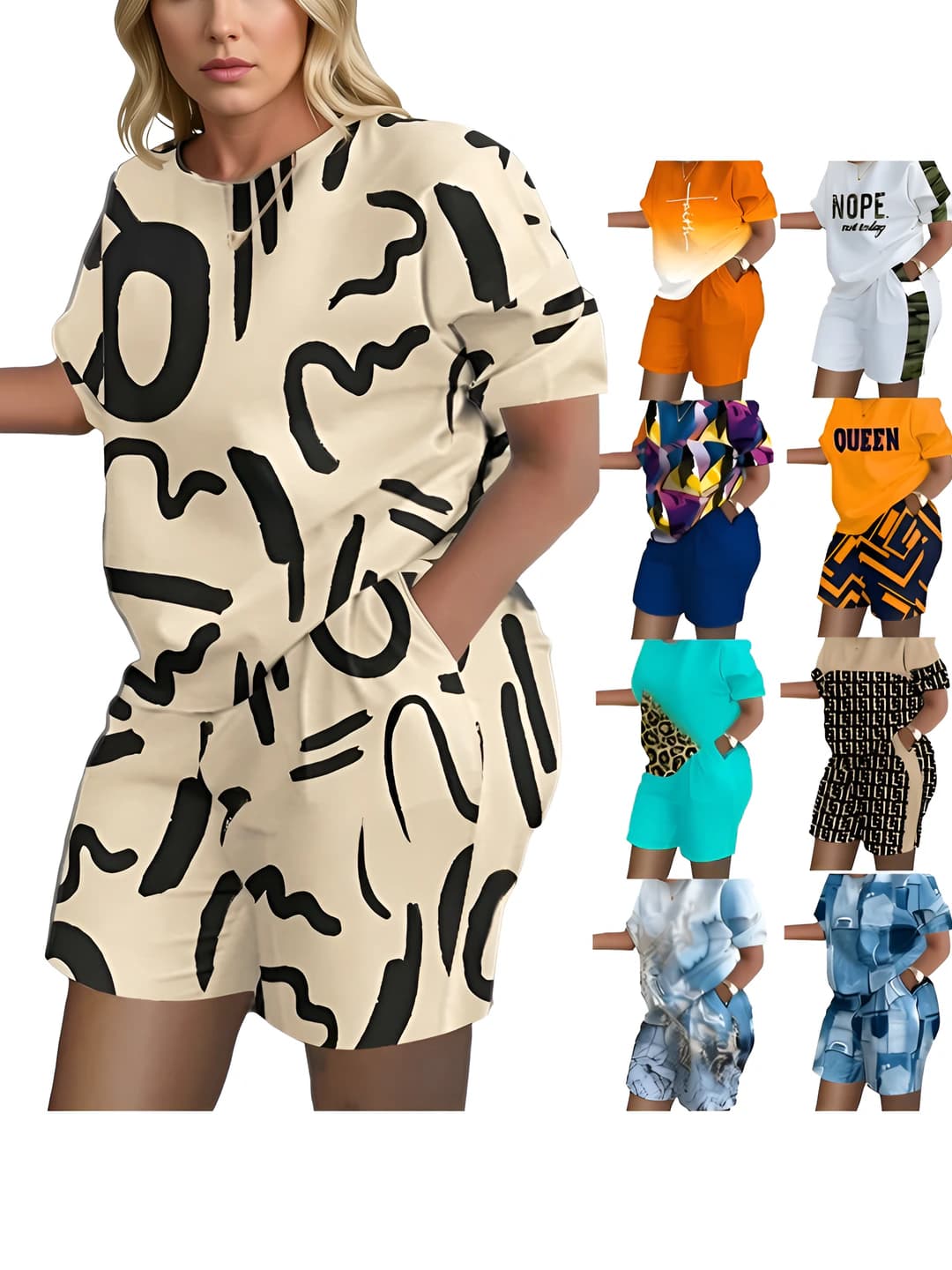 Women's summer short sleeve set: casual style, printed fabric set