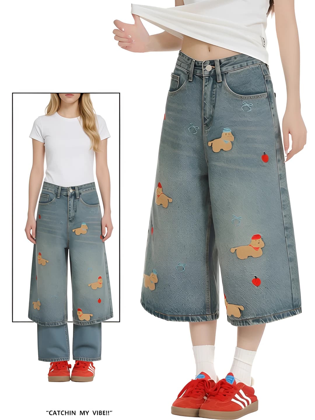 Women's summer high waist straight cut wide and flared jeans, embroidered, loose fit, slimming, capri trousers