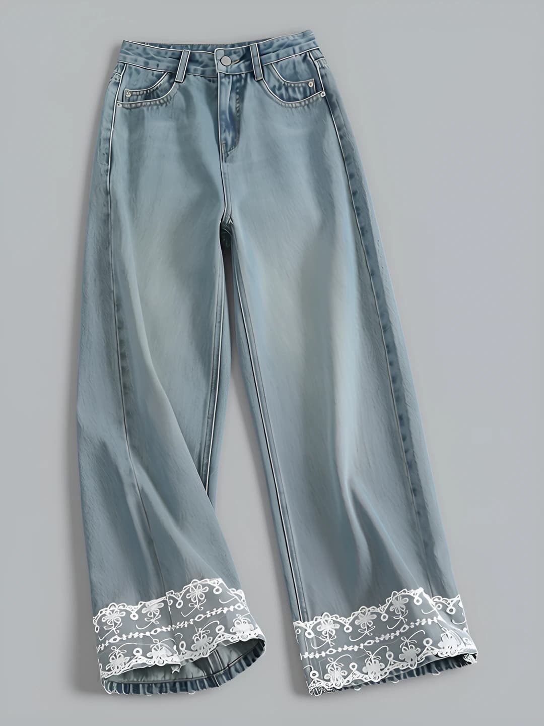 Ayollar uchun yozgi koreys uslubidagi dantel dizaynli keng jinsi shimlar, baland bel, bo'sh (oversize) to'piqqacha shim