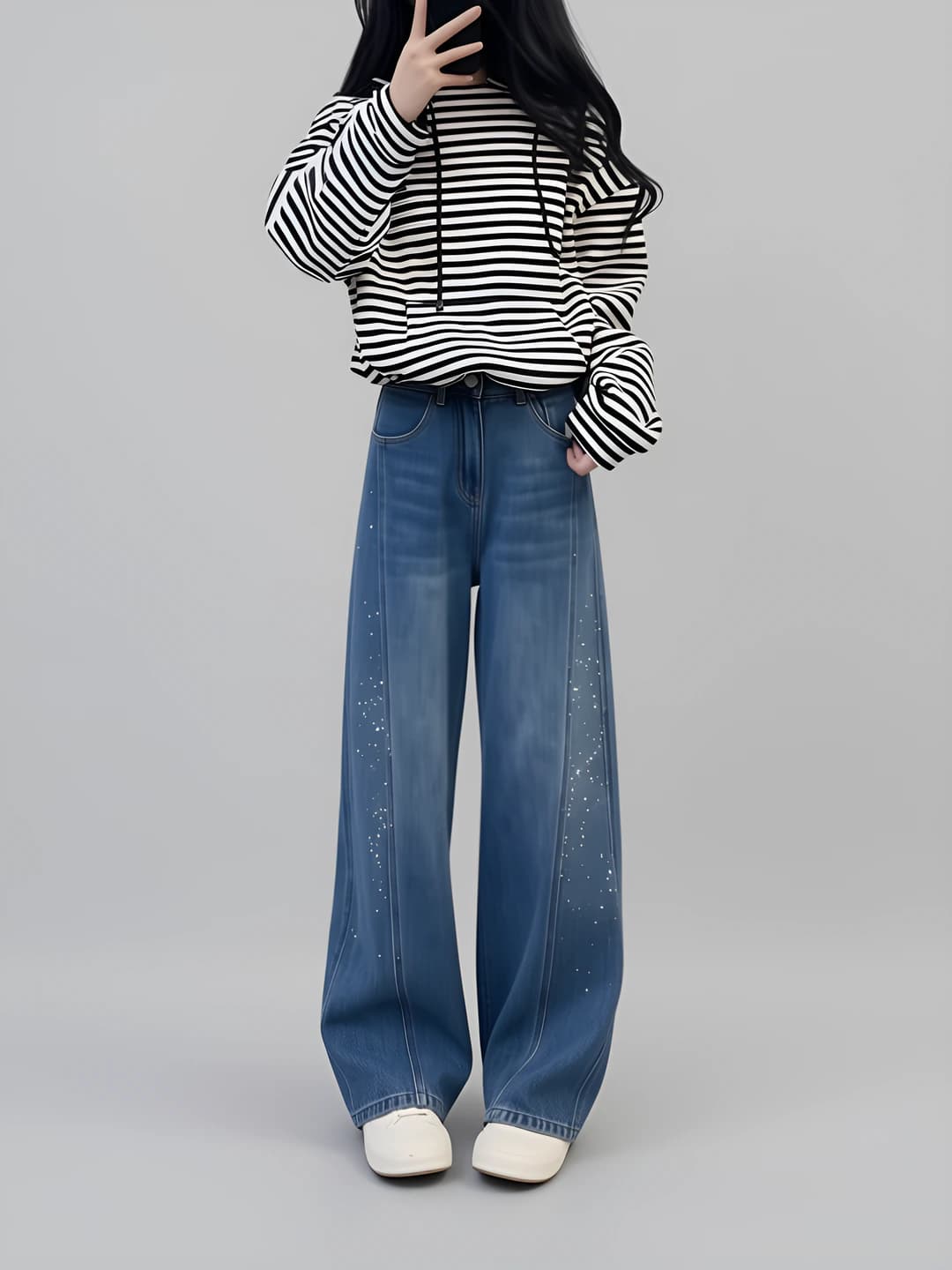 Women's blue retro wide-leg jeans, spring 2026, high waist, loose fit, not fleece-lined