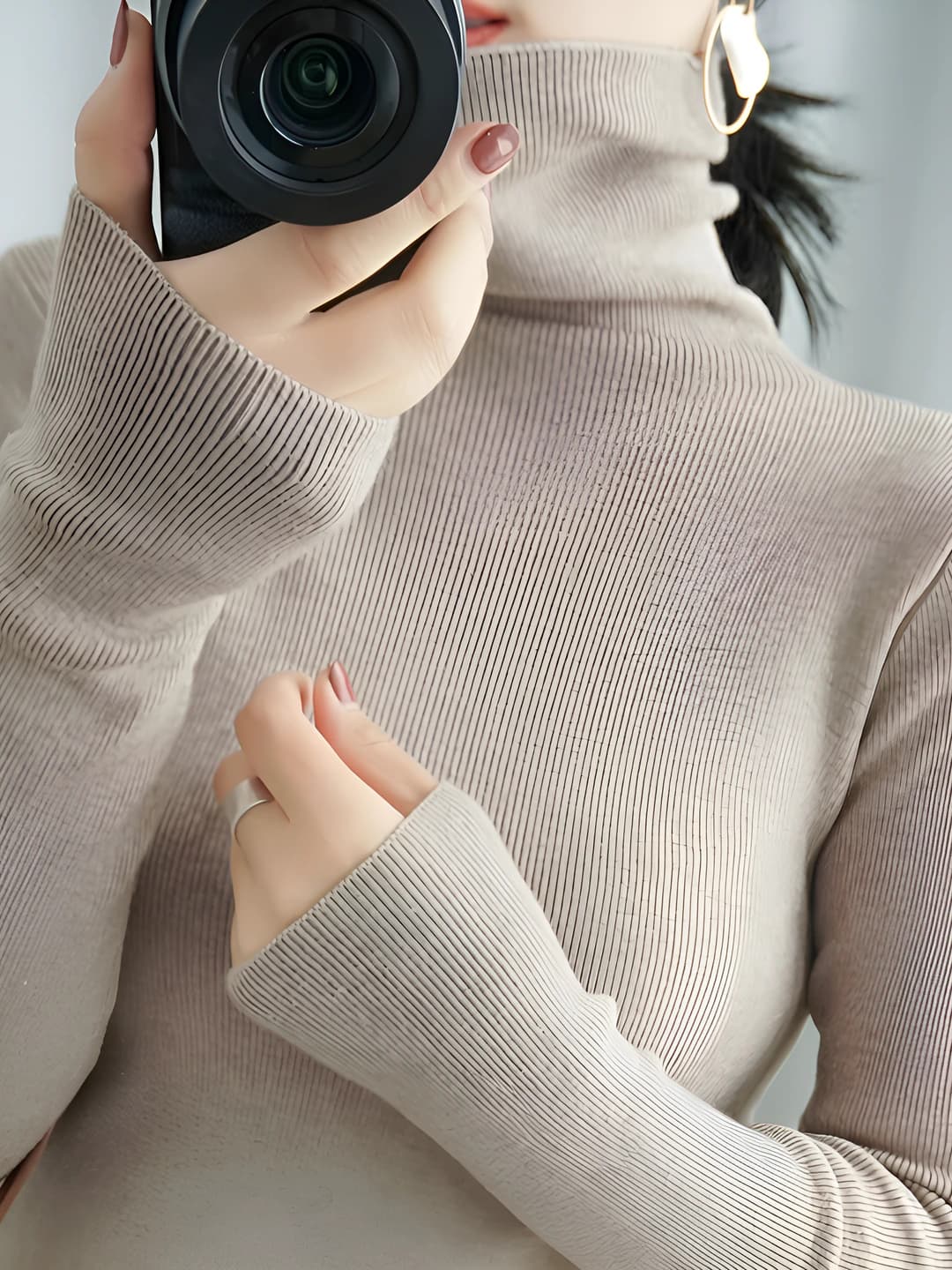 Women's autumn-winter sweater, loose fit, long sleeve, high neck, medium thickness, Andy velour fabric
