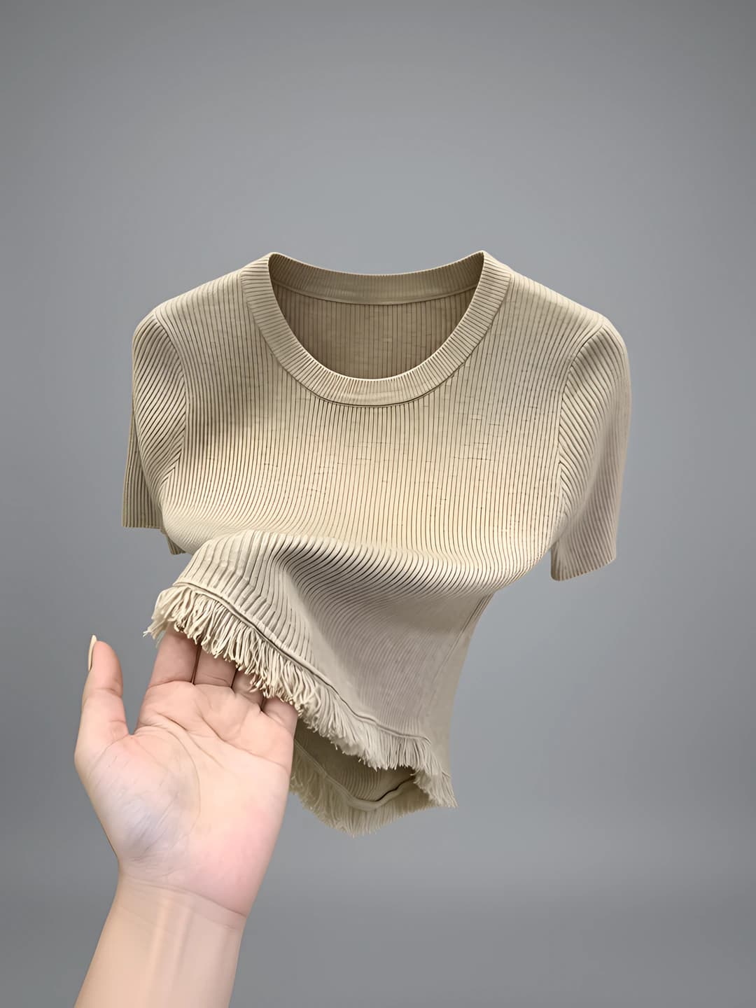 Women's spring-summer knitted short-sleeve top, ice-silk fabric, slim fit, crew neck, fringe hem