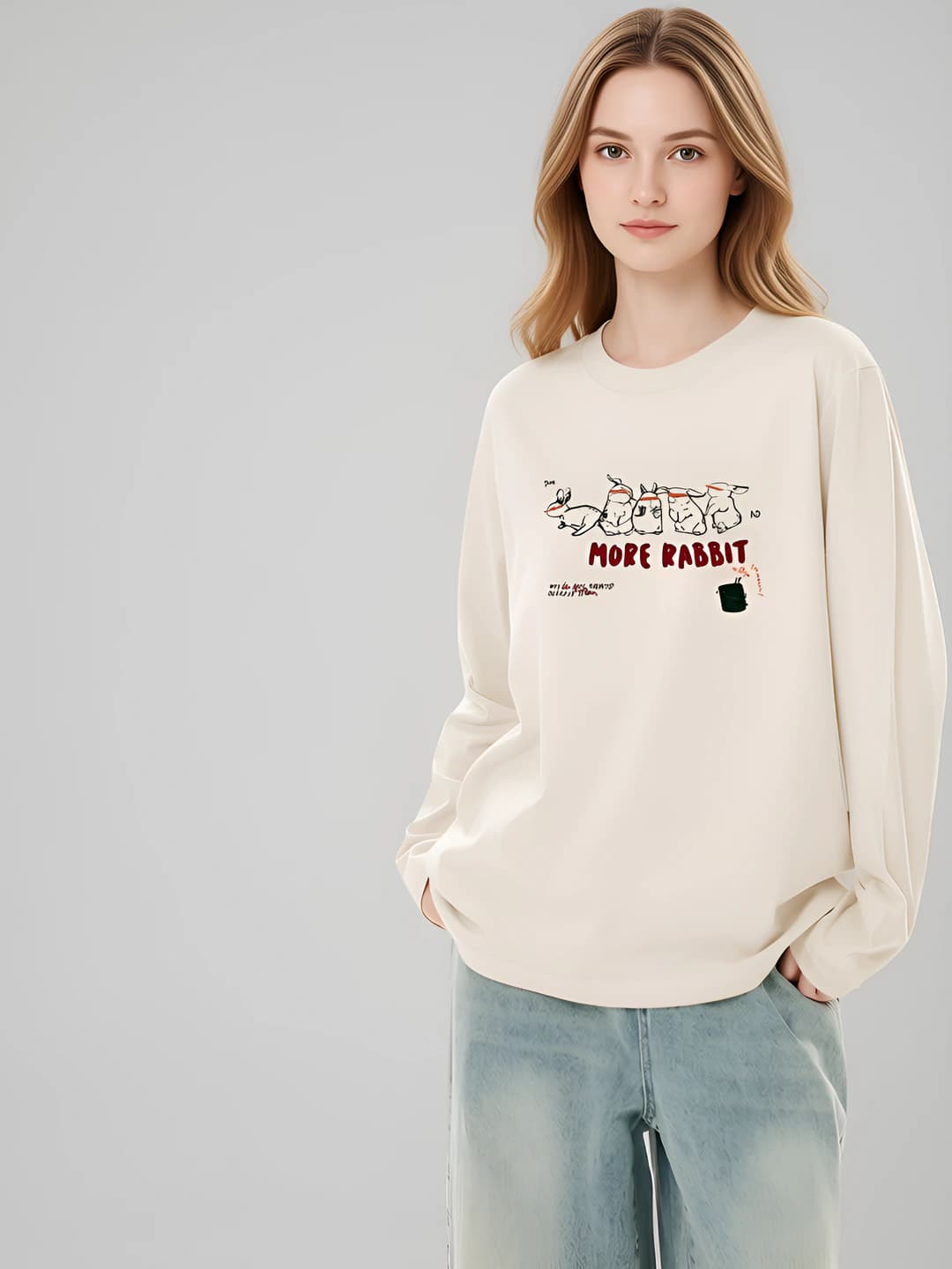 Women's pure cotton long sleeve t-shirt, spring-autumn, crew neck, loose fit, printed, casual style