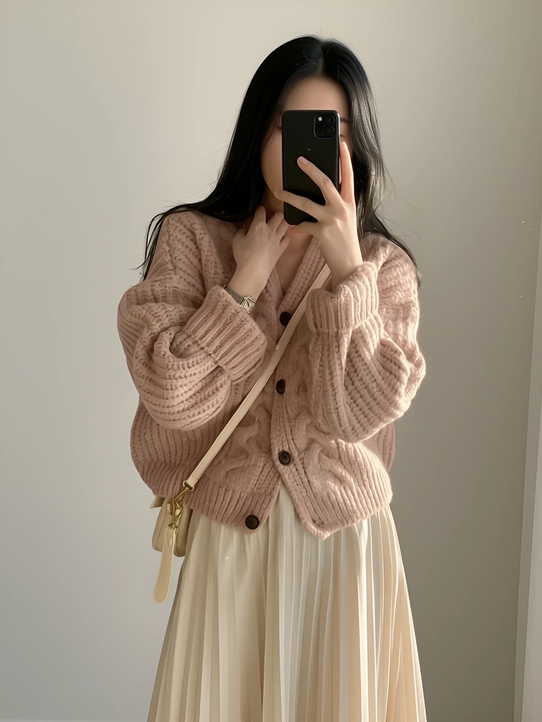 Women's autumn knit cardigan, V-neck, cable knit, solid colour, loose fit, long sleeve