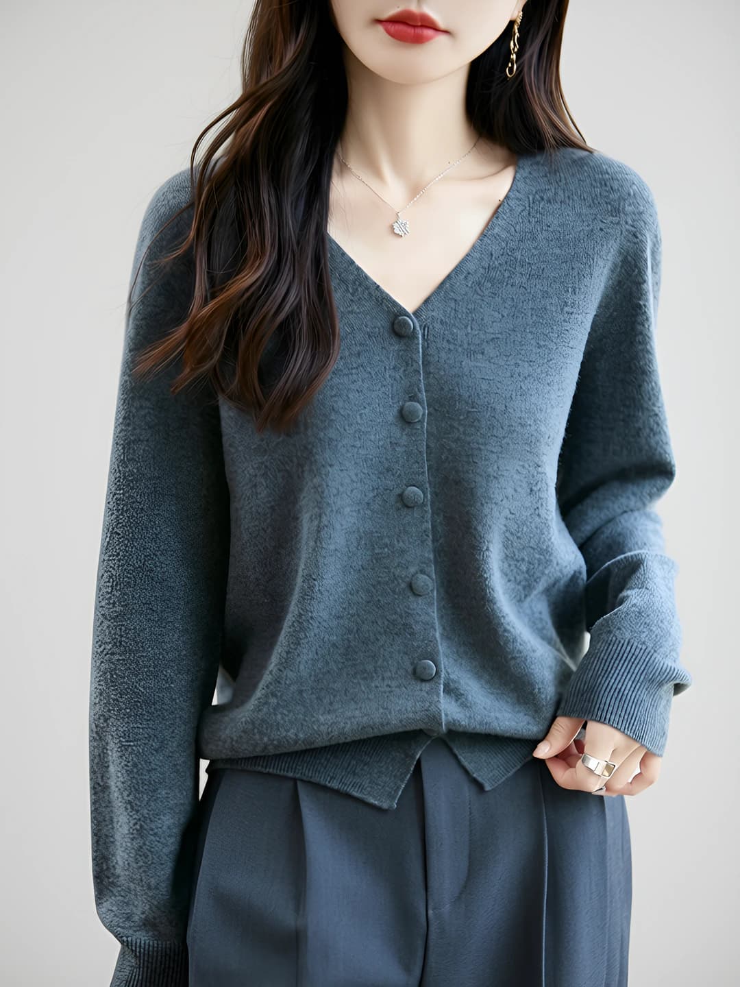 Women's V-neck wool knit cardigan, autumn-winter, casual, loose fit, long sleeve, solid colour