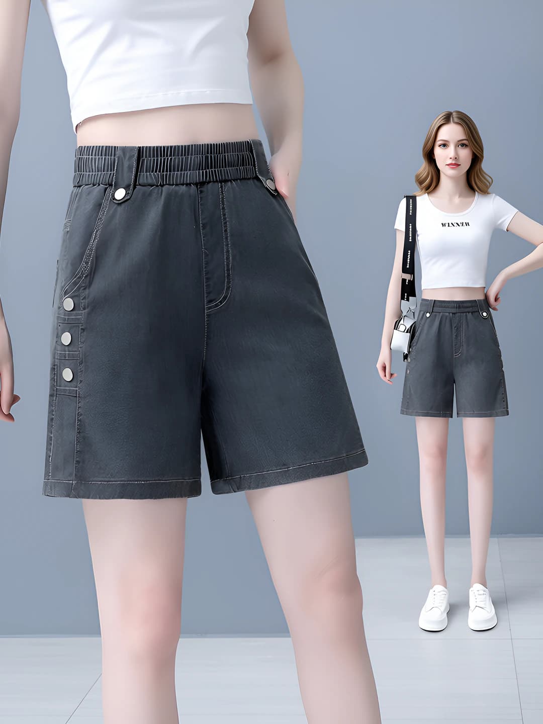 Women's 2026 summer ultra-thin tencel denim shorts, elastic high waist, slimming, straight cut, loose fit, knee-length shorts